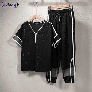 Camisetas de manga de malla de encaje a rayas de verano + pantalones Casual Estilo occidental Costura suelta y delgada Traje de mujer de dos piezas 211105