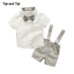 Zomer stijl baby boy set pasgeboren baby kleding 2 stuks korte mouw t-shirt + bretels gentleman pak 210309