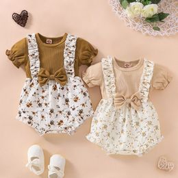 Zomerstijl baby korte mouw klasse a onenie bloemen nep twee driehoeks kruippak