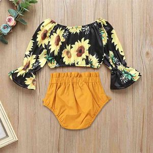 Zomer Stijl Kinderen Sets Casual Lange Flace Mouw Print Zonnebloem T-shirt Boog Geel Solid Shorts 2 stks Kinderkleding 210629