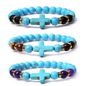 Style d'été Croix Perles Bracelets Classique 8 MM Turquoise Pierre Naturelle Élastique Bracelet D'amitié Plage Pour Femmes Hommes Bijoux