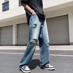 Jeans pour hommes de style estival avec des trous et des couleurs dégradées bloquant le pantalon lâche à jambe droite NK8029 P50
