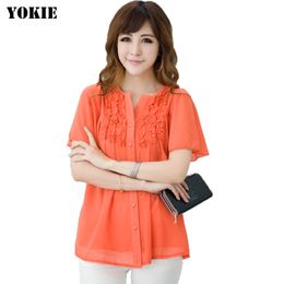 Zomer stijl vrouwen blouses mode casual tops losse lichaam geplooide retro ruches blusas vrouwen chiffon blouse plus size S-4XL 210519