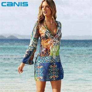 Zomerstijl vrouwen sexy zwempak bedekken op lange mouw bikini ups chiffon bloemen strand mini jurk robe Vestidos 220524