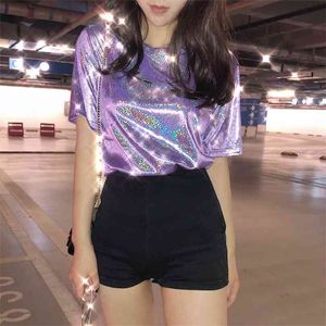 Zomer stijlvolle heldere zijde vrouw tops glanzende losse korte mouw t-shirt sexy club esthetische harajuku vrouwen t-shirt 210607