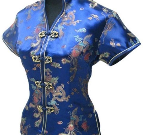 Verano elegante azul marino chino mujer blusa tradicional seda satén camisa tops Vneck ropa tamaño S M L XL XXL XXXL WS002 Y20066424190