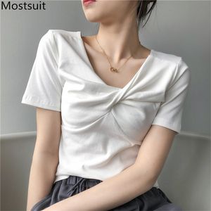 Zomer Stijlvolle Vrouwen T-shirt Tops Korte Mouw V-hals Cross-Criss Tees Koreaanse Mode Casual Slanke Solid T-shirt Femme 210513