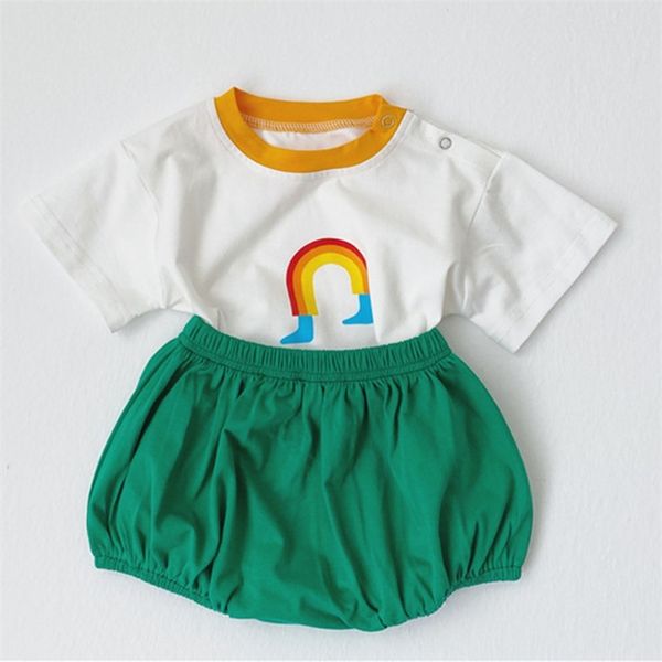 Juego de ropa de traje de verano Top de estampado Rainbow+pantalones cortos 2 piezas de niña para niñas para niños Bodysuit nace 210528