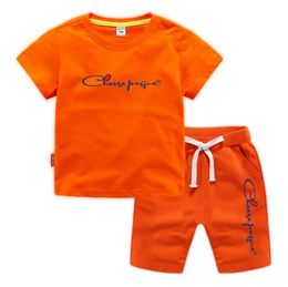 Zomerpakken 0-13 jaar jongens meisjes merkletter bedrukt 100% katoen oranje T-shirts sportshorts 2-delige sets kindercomfort casual trainingspakken sets