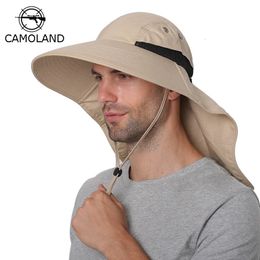 Chapeau de soleil d'été hommes femmes coton Boonie chapeau avec rabat de cou Protection UV extérieure grand Large bord randonnée pêche Safari seau chapeau 240304