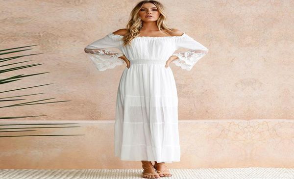 Summer Sundress Women White Beach Vestido largo sexy sin tirantes Manga larga de manga larga de algodón suelto boho maxi vestido3461468