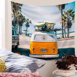 Été Planche De Surf Océan Tapis Mur Palmier Plage Paysage Bohème Suspendu Tissu Décoration Murale Chambre Hippie Tapiz Esthétique J220804