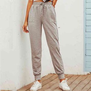 Pantalon de survêtement d'été Vintage gris poche streetwear pantalon femme loisirs pantalon taille haute femme pantalon mince d'été 210514