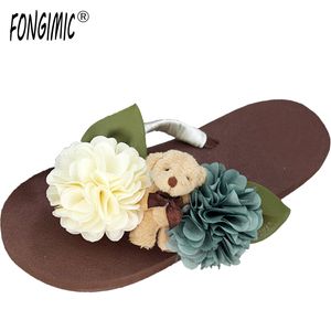 Zomer zoete schattige kleurrijke handgemaakte kunstmatige cartoon beer bloemen flip flops antislip platte casual strand vrouwen slippers