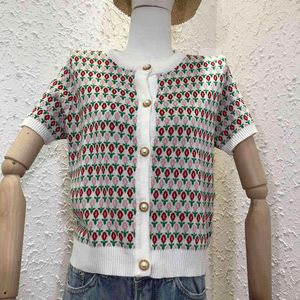 Zomer zoete print gebreide vest single simple breasted korte mouw tops trui verse alle match brei t-shirt 210514