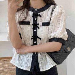Summer Sweet Retro Office Lady High Street Elegance Bow Lace Prom Slim Femme All Match Blouses douces 210525