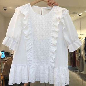 Summer Sweet Ruffles Manches courtes Femmes Chemises Blouses Mode Creux Out Design Femme Tops Blanc Blusas Mujer 210514