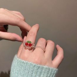 Bague d'été en forme de cerise tissée en cristal Transparent, douce, pour Instagram des femmes