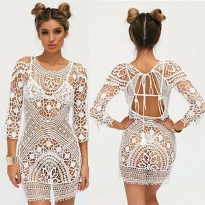 Maillot de bain d'été couvrir femmes blanc dentelle tunique robe de plage dos nu maillot de bain Crochet Bikini vêtements de natation Sarongs241S