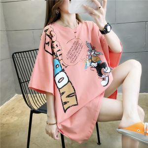 Camisetas de verano para mujer, camiseta de manga corta con estampado de dibujos animados bonitos de algodón, cuello redondo, suelta con moda