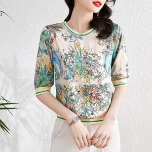 T-shirt d'été Floral Tops Femmes Designer À Manches Courtes O-Neck Fine Élégant Satin Vintage Casual Bureau Lady Doux Mignon Tees Style Coréen Femme Mode Top