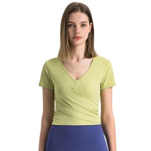 Zomer T-shirt Lu Align Vrouw Vouw Outfit Effen Kleur Zacht Kruis V-vormige Rib Fitness T-shirt Crop Top Sneldrogend Ademend Sport Korte Mouw Blouses Dames Lemon Lady Gr