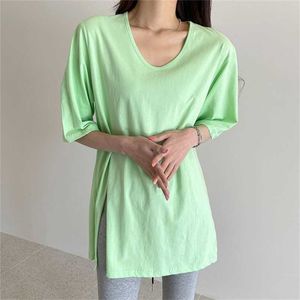 Zomer tee korte mouwen korte minimalistische losse solide alle match sexy slanke basis meisjes mode split t-shirts 210525