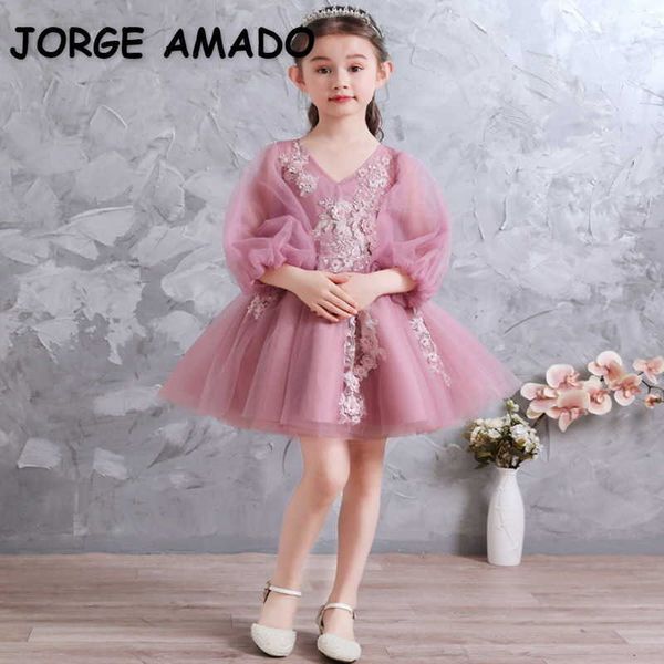 Adolescents d'été Robe de fête de filles Mauve Pale Mauve Appliques Robes Princess Robes De Mariage Piano Effectuer la Journée des enfants E01 210610