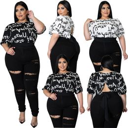 Estilo de teste de verão Mulheres Camiseta Carta Impressão Mangas Curtas Lace Up Backless Casual Tops 5XL Tees 231228