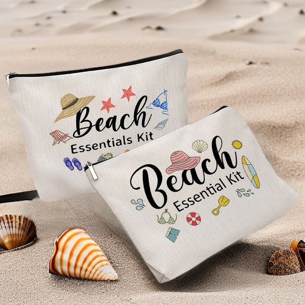 Trousse de maquillage de plage à plat sur le thème de l'été imperméable à l'eau imprimé coton lin fermeture éclair sac cosmétique rangement de cosmétiques et de toilette