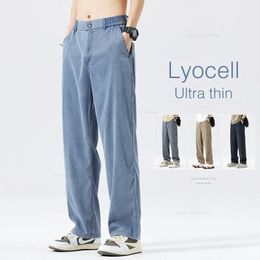 Summer Baggy Baggy Lyocell Jeans Mens Mens Fashion Ice Silk Elastic Business Business Casual Straight Grey Black Black 240430