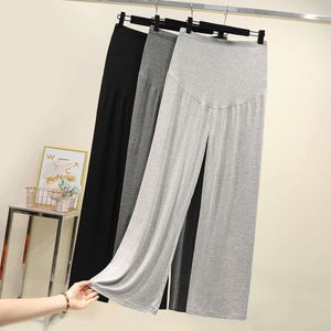 Panton de coton mince d'été pour femmes enceintes Ligne large maternité abdomen pantalon haut de taille hauteur pantalon de ventre complet l2405