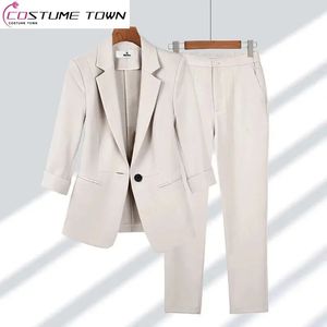 Summer Jacket Blazer Pantalon à jambe large décontracté à deux pièces élégant pantalon pour femmes tenues de bureau