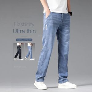 Zomer dunne jeans heren los rechte broek mode elastische taille stretch cotton business casual denim broek lichtblauw 240420