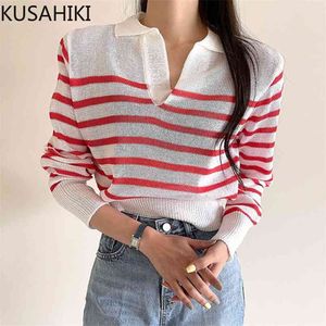 Été mince tricots coréen Hit couleur rayure femmes haut tricoté casual manches bouffantes col rabattu pull 6J341 210603