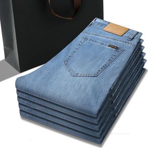 Zomer dunne heren los rechte jeans elasticiteit katoen hoge taille zakelijke casual denim broek kwaliteit merk broeken 240403