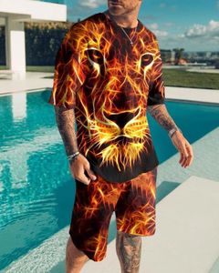 Summer Mens Mens Oneck Sleevesshorts Flame Lion Face 3D Pattern imprimé Fashion Loison Tshirt Set Sports Suite 240422
