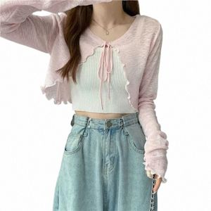 Été mince vêtements d'extérieur Sun Protecti Cardigan glace soie tricot haut pour femme arc à lacets jupe courte à bretelles châle chemise aérée a4vj #