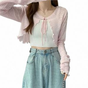 Été mince vêtements d'extérieur Sun Protecti Cardigan glace soie tricot haut pour femme arc à lacets jupe à bretelles courte châle chemise aérée y0bZ #