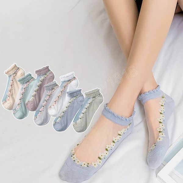 Été mince chaussettes courtes Ultra-mince cristal verre soie mode fleur dame dentelle bateau chaussettes bas Transparent Invisible chaussettes