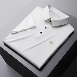 Été mince soyeux sans couture respirant POLO à manches courtes hommes haut décontracté haut de gamme couronne mode élastique revers t-shirt hommes 240315