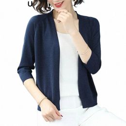 Été mince crème solaire tricot cardigan d'extérieur à manches 3/4 femmes casual tricots Strickjacke coréen Fi mince manteaux élégants nouveau I9EU #