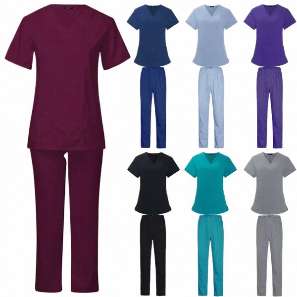 Conjunto de uniformes unisex finos de verano para hombre y mujer Belleza Sal Enfermera Uniformes de laboratorio Spa Uniformes con cuello en v Aseo de mascotas Ropa de trabajo D1Qg #