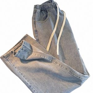 Jeans d'été minces pour femmes Fi taille élastique bavures cordon de serrage pantalon en jean droit Style Preppy simple pantalon tout-match z70K #