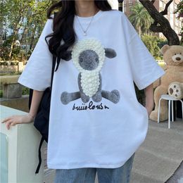 Zomer driedimensionale cartoon schapen zachte t shirt vrouwen harajuku oversized 100% katoen bf lange t -shirt vrouw kleding grijze tops 220615