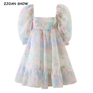 Été cravate teinture couleur Organza robe de bal robe manches bouffantes rétro femmes balançoire robes courtes ourlet volants fée robes 220511