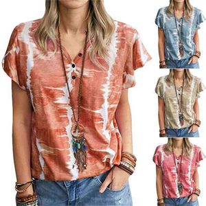 Zomer Tie Dye Print Dames T-shirt Ruche Korte Mouw Button Tops Casual V-hals Streetwear Pullover Dames Tees Plus Size S-5XL 210522