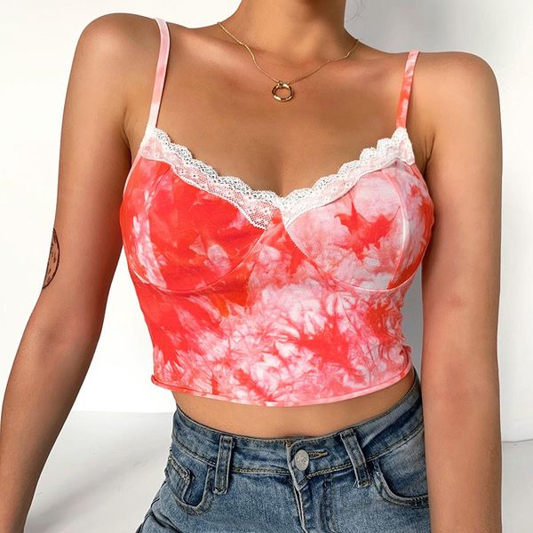Summer Tie-Dye Spaghetti Sangle V-Col avec dentelle Rouge Camis Esthétique Dos nu Sexy Party Tops Streetwear 210518