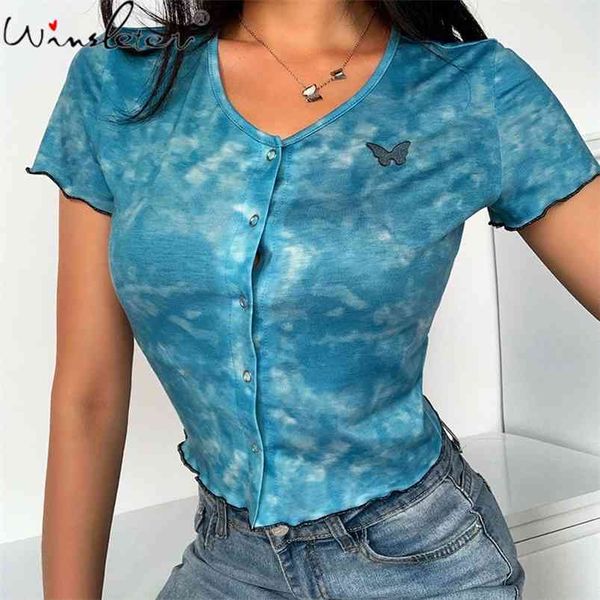 Verano Tie-Dye camiseta mujeres niñas mariposa bordado botones volantes cardigan crop tops manga corta slim t0d318a 210421