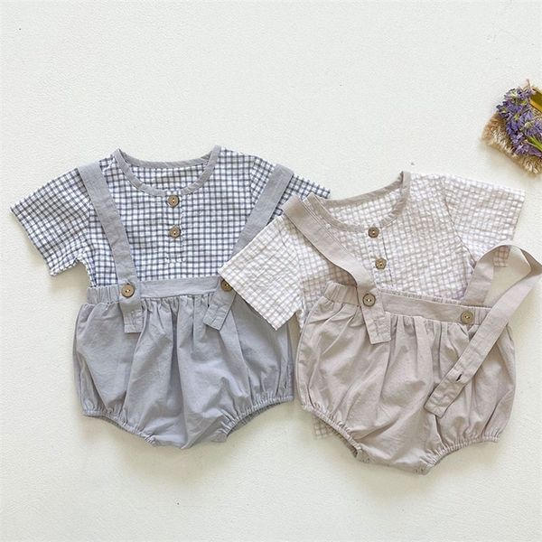 Été enfant en bas âge bébé garçons vêtements costume coton à carreaux à manches courtes T-Shirt + combinaison Style coréen né vêtements ensembles 220507
